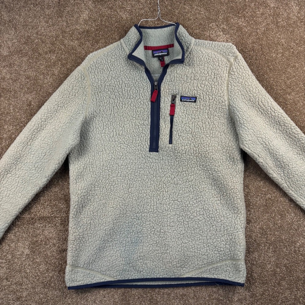 Patagonia Retro Pile Fleece Pullover Mens Medium Pelican Tan Navy 1/4 Zip 22811